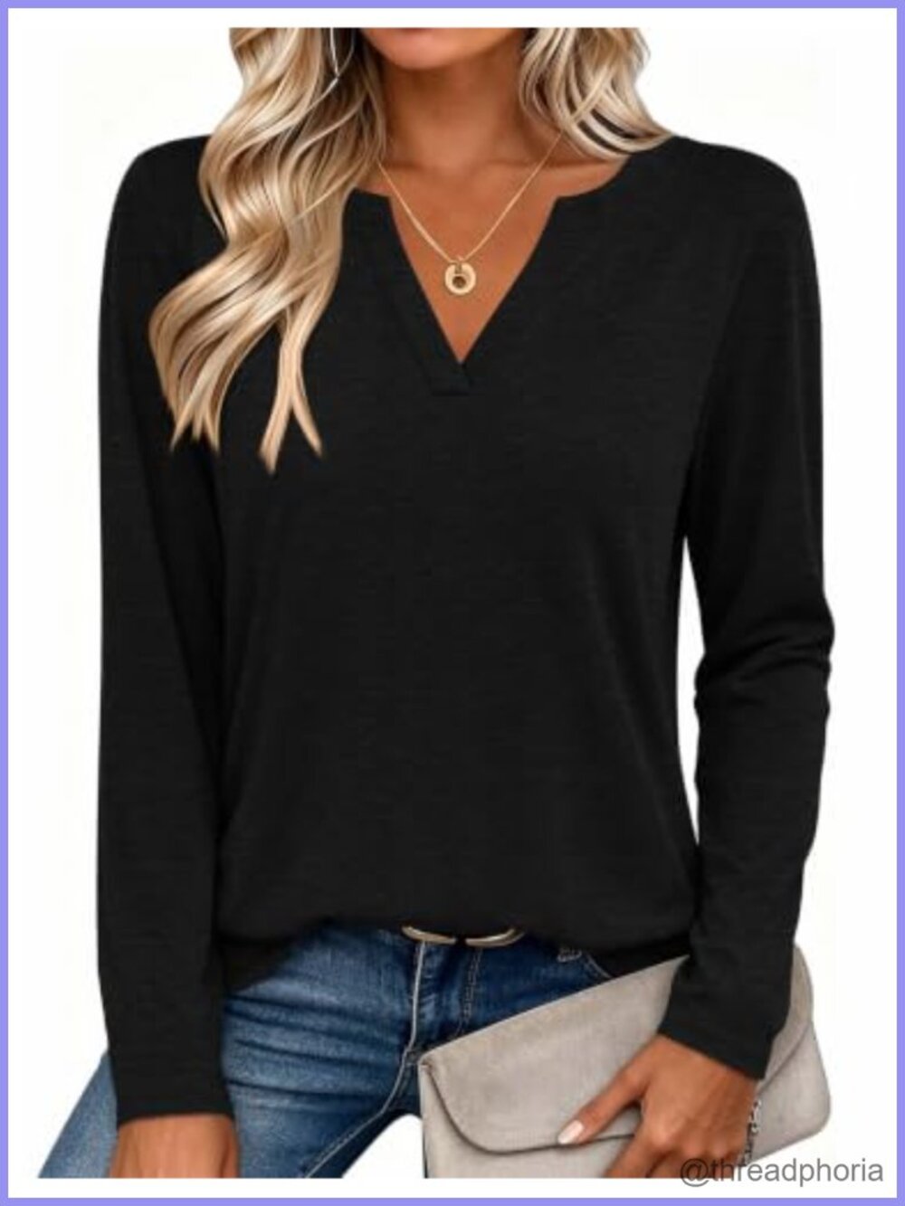 Women's Long Sleeve V-Neck Tunic Top Loose Fit Casual Dressy Tee